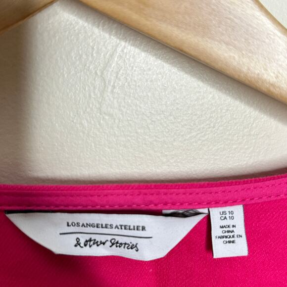 & OTHER STORIES Feminine Puff Sleeve V-Neck Jumpsuit Bright Pink Sz 10 {164} - Picture 6 of 7